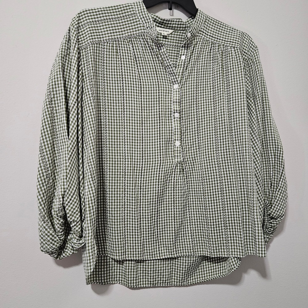 Max Studio Green Gingham Embroidered Balloon Sleeve Blouse XL 1706B33